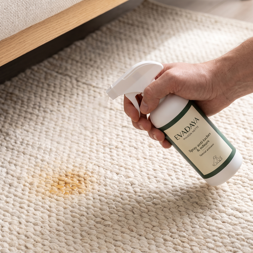 Application du spray Evadaya sur un tapis
