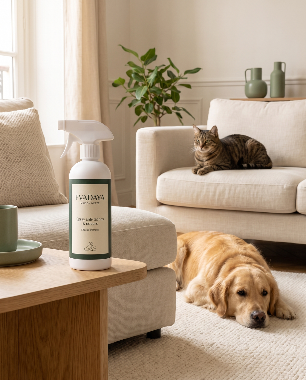 Spray Evadaya dans un salon avec chien et chat